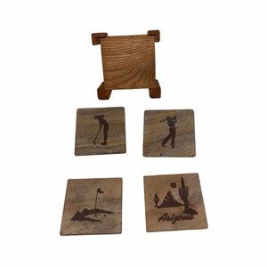 Rare Set Sandstone Arizona Man Woman Golf Golfer Coasters With Wooden Holder